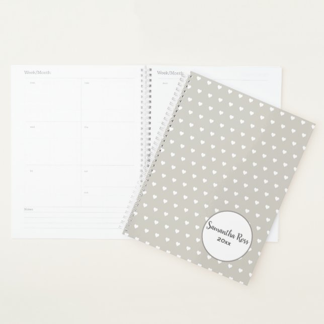 Agenda Personalizado Cinza com Padrão de Coração Branco (Exibição)