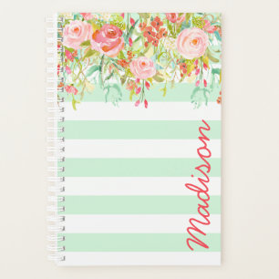 Agenda Personalizado Floral Listra Aquarela Verde Hortelã
