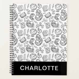 Agenda Personalizado Preto e Branco Escola Desenho à Mão