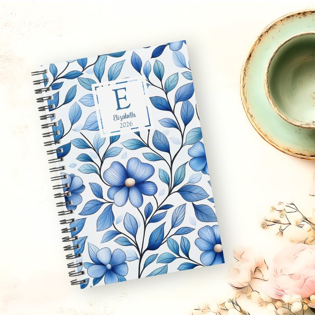Agenda Personalized Blue Floral Monthly & Weekly Planner (Criador carregado)