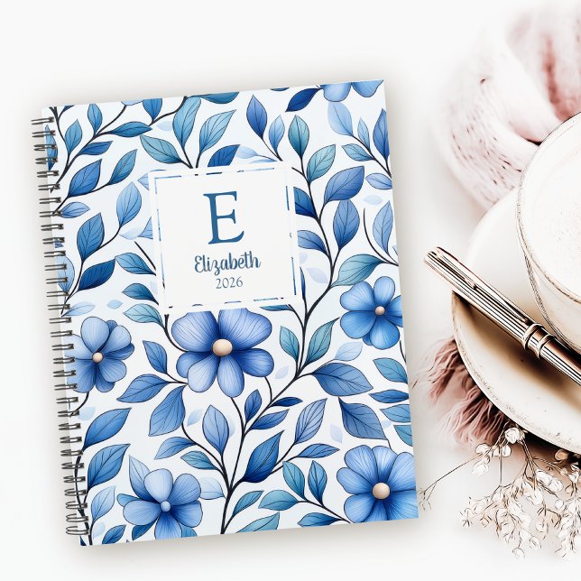 Agenda Personalized Blue Floral Monthly & Weekly Planner  (Criador carregado)