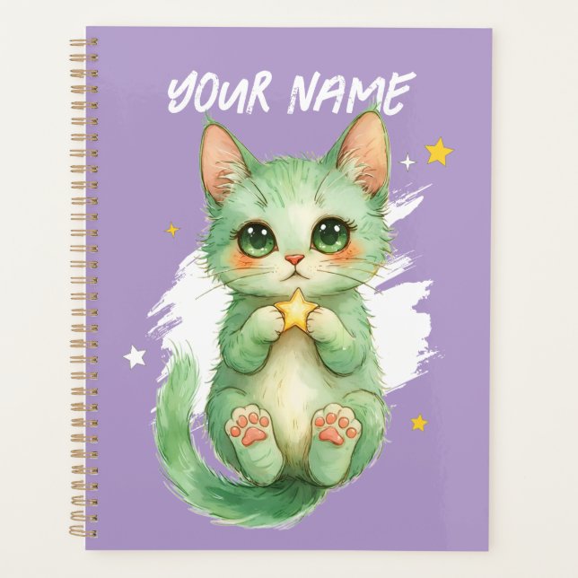 Agenda Personalized Cute Green Kitty Cat Planner (Frente)