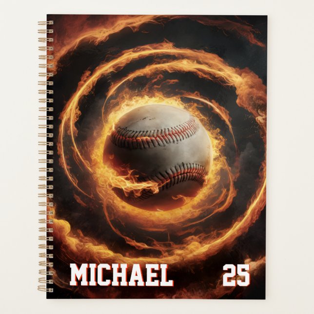 Agenda Personalized Number and Name Baseball Ball on Fire (Frente)