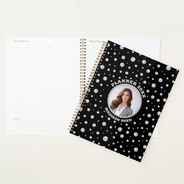 Agenda Personalized Photo with Pearls Circle on Black (Exibição)