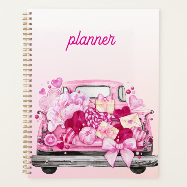 Agenda Personalized Pink Valentine Truck Planner Cover (Frente)