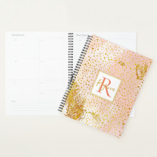 Agenda Pêssego coral, aquarela e monograma de confete de