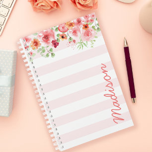 Agenda Pessoal Floral Listrado Aquarela Pastel Rosa
