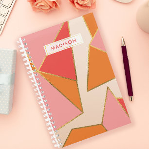 Agenda Pessoalizado Brilho Dourado Geométrico Laranja Ros