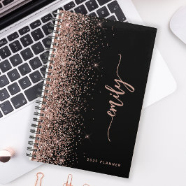 Agenda Pessoalizado Preto Rosa Dourado Brilho 2025