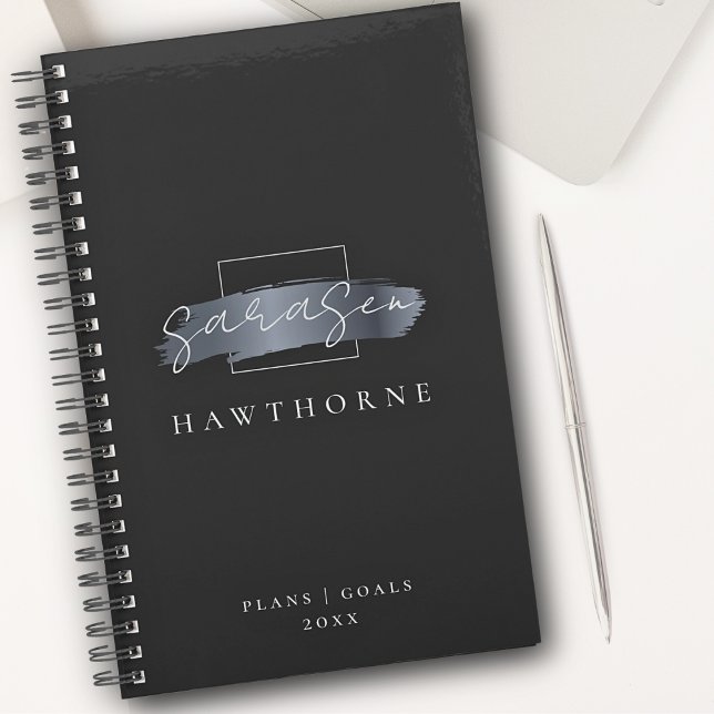 Agenda Pincel Chic Traço Cinza Negra Faux Silver Monogram (Criador carregado)