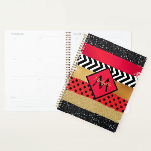 Agenda Pincel Dourado Vermelho Preto Escovo Monograma