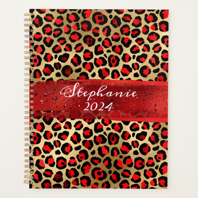 Agenda Pincelada de Leopardo em Folha de Ouro e Vermelho (Frente)