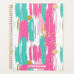 Agenda Pinceladas Abstratas em Verde-Menta, Rosa, Branco