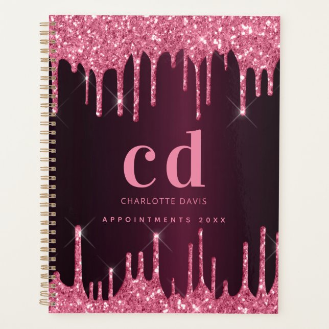 Agenda Pinga brilhante rosa Borgonha monogramada (Frente)