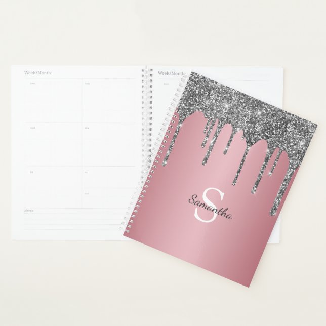 Agenda Pingo de Brilho Prateado Rosa Dourado Nome Monogra (Exibição)