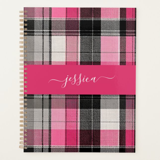 Agenda Pink black tartan plaid script name binder (Frente)