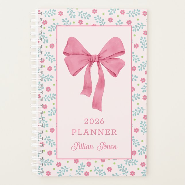 Agenda Pink Coquette Bow Floral Pattern Custom Name (Frente)