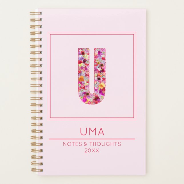 Agenda Pink Floral Monogrammed Name Letter U (Frente)