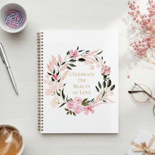 Agenda Pink Floral Wreath Spiral Notebook (Criador carregado)
