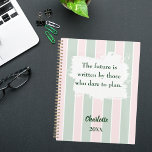 Agenda Pink sage green inspirational quote writing 2026<br><div class="desc">Blush pink and sage green stripes with a white brush stroke. Inspiratiional,  motivational Quote:  The future is written by those who dare to plan.  Personalize and add your name and a year.</div>