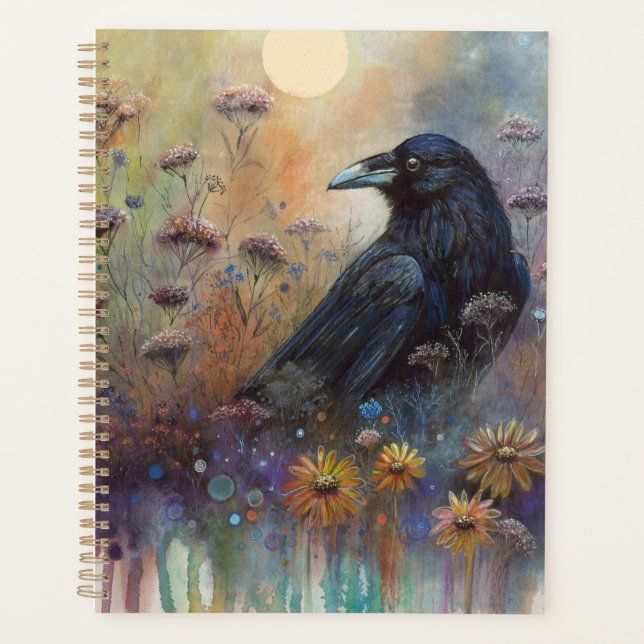 Agenda Pintado à Mão Raven com Flores Selvagens (Frente)