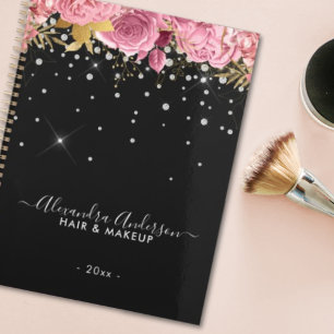 Agenda Pintura Botânica Moderna em Rosa com Diamantes e B