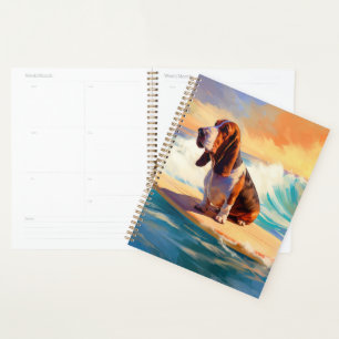 Agenda Pintura de Basset Hound Surfando na Praia