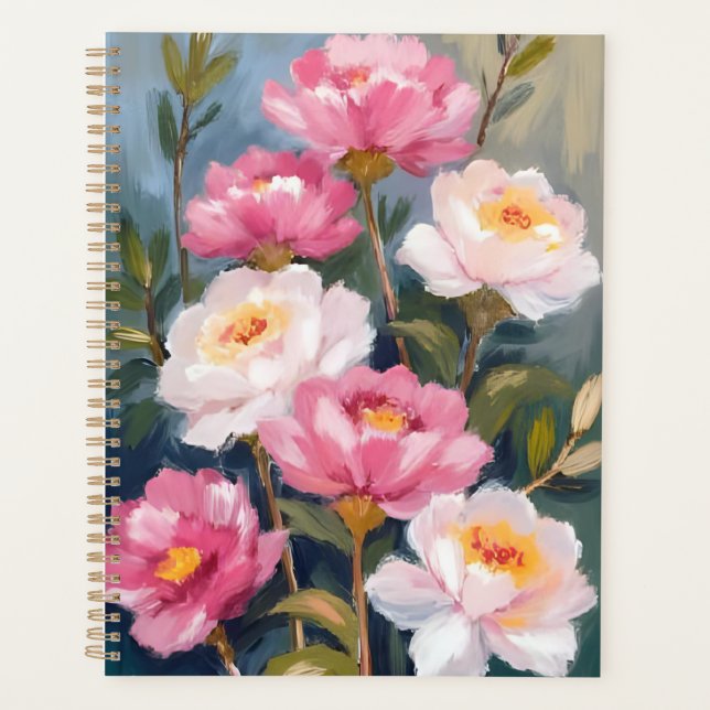 Agenda Pintura de Buquê de Flores Peônias Rosa (Frente)