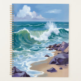 Agenda Pintura em Aquarela de Ondas do Oceano Azul