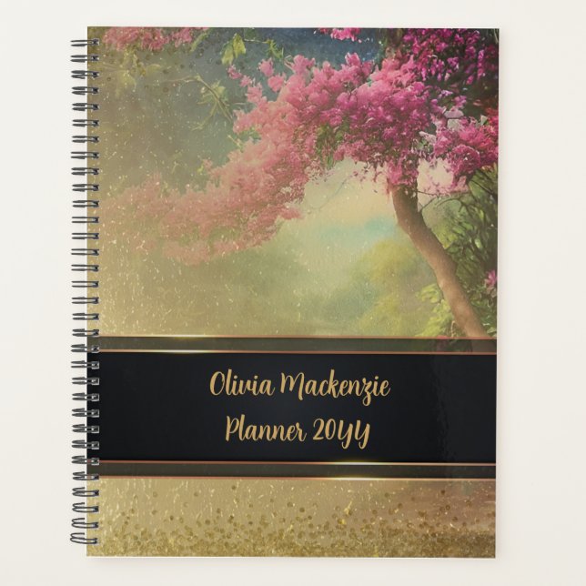 Agenda Pista Pessoal, Dourada Mist Floral Cherry Blossom. (Frente)