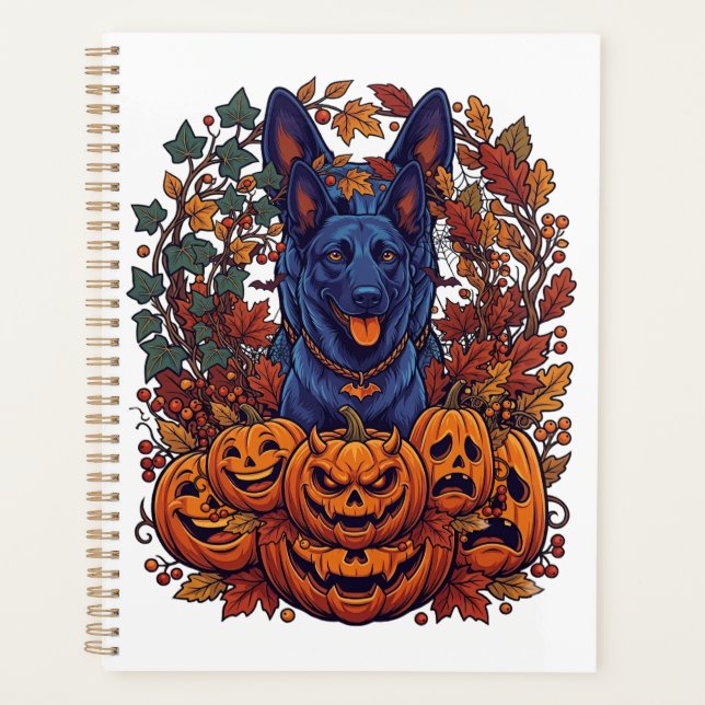 Agenda Pitbull Azul Abóboras de Halloween Folhas de Outon (Frente)