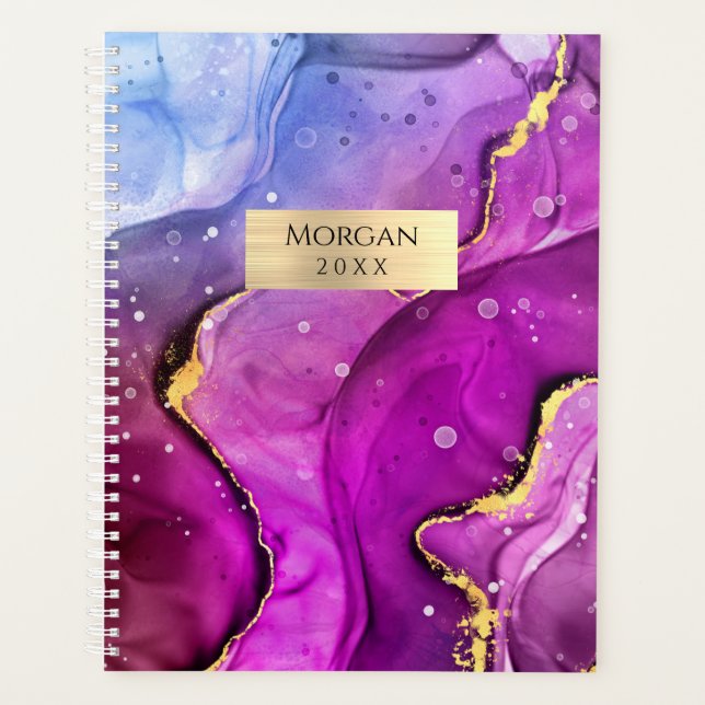 Agenda Placa de Ouro Abstrata com Tinta Roxa Nome/Data DI (Frente)
