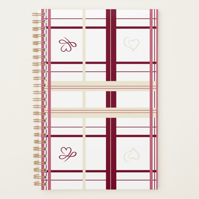 Agenda Plaid Hearts Spiral Planner- Whimsical Burgundy  (Frente)