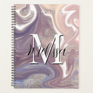 Agenda Planeador de Abstrato de Monograma Dourado Branco