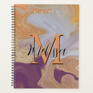 Agenda Planeador de Abstrato de Monograma Dourado Laranja
