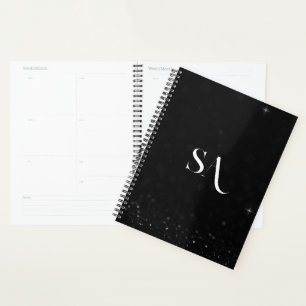 Agenda Planeador de Brilho Preto Elegante com Iniciais