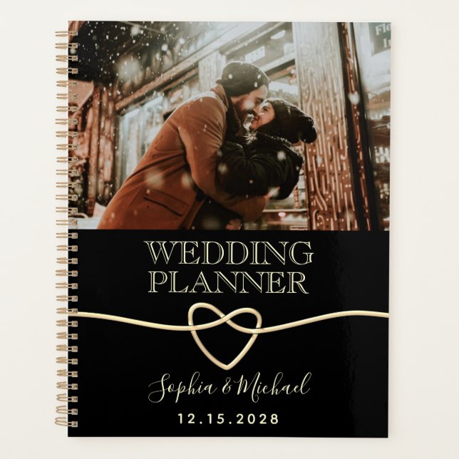 Agenda Planeador de Casamento de Fotos Negra Elegante (Frente)