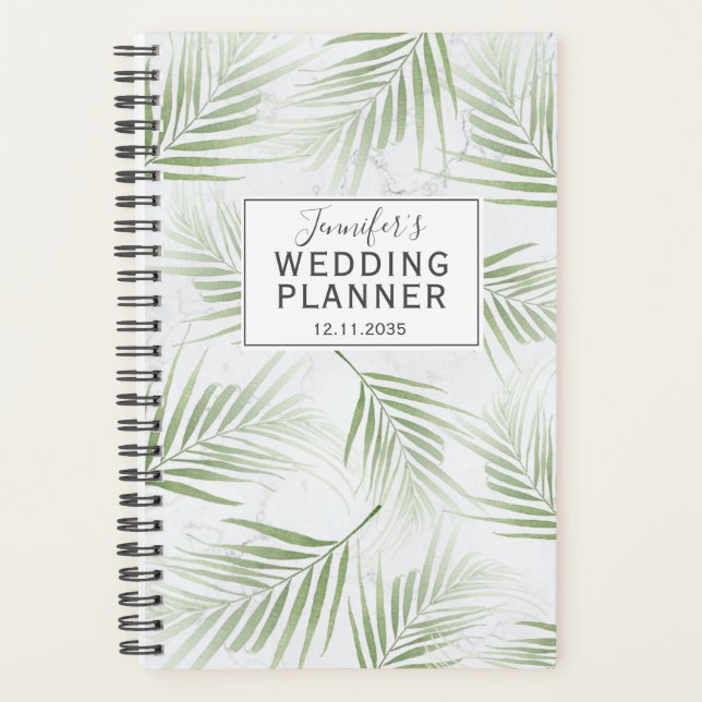 Agenda Planeador de Casamento Verde da Folhagem Tropical (Frente)