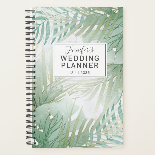 Agenda Planeador de Casamento Verde da Folhagem Tropical (Frente)
