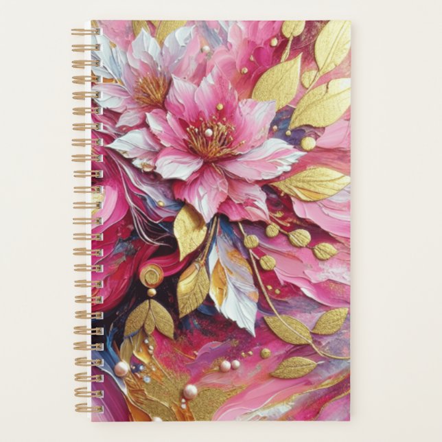 Agenda Planeador de flores rosa e douradas (Frente)