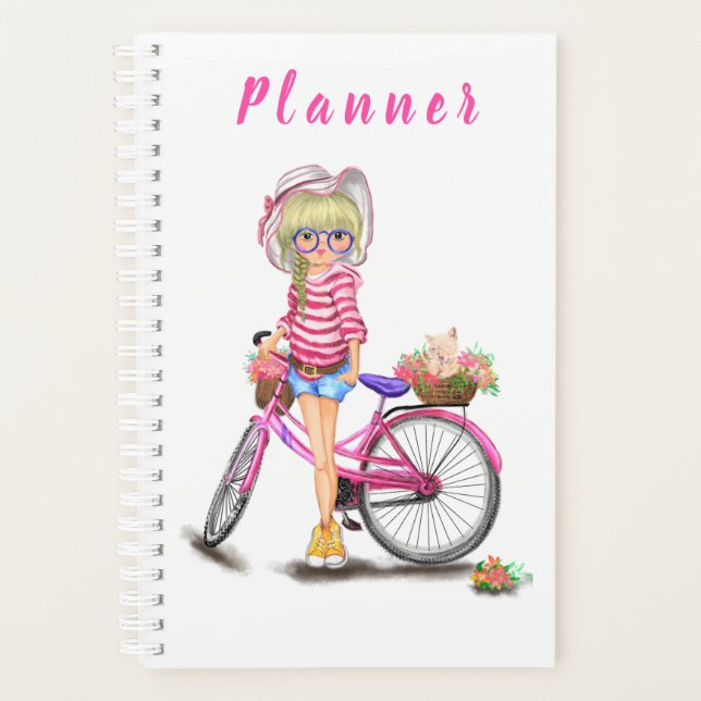 Agenda Planeador de Menina Loura com Bicicleta Rosa (Frente)