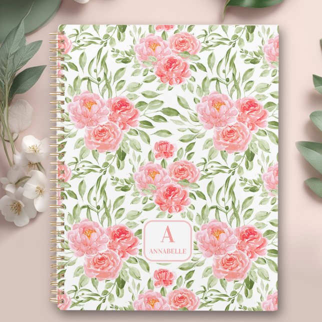 Agenda Planeador de Monograma de Padrão de Península de A (Watercolor Peony Pattern Monogram Planner)