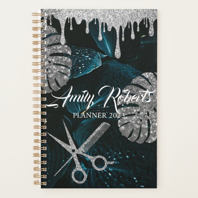 Agenda Planeador de Salão Preto de Folha Verde (Frente)