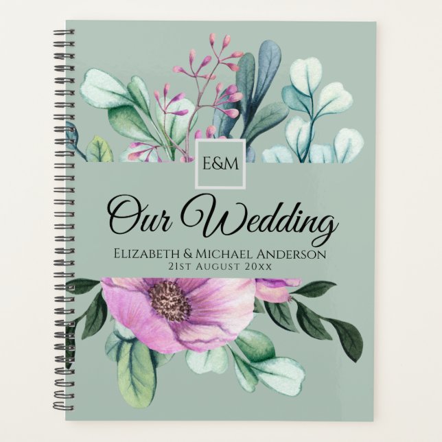 Agenda Planeador de WEDDING do Monograma de Flor Roxo (Frente)