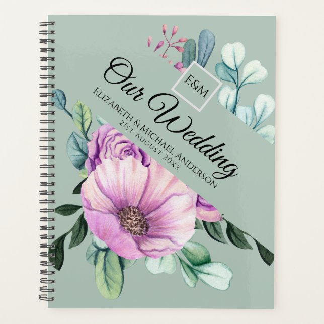 Agenda Planeador de WEDDING do Monograma Purple Floral (Frente)