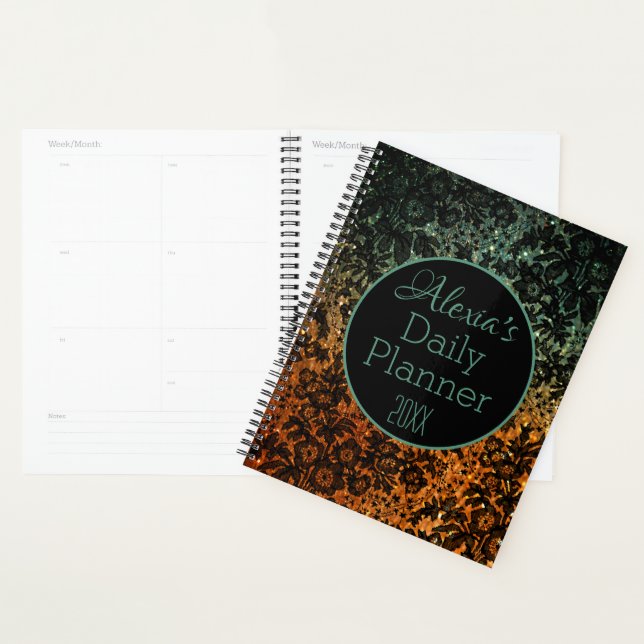 Agenda Planeador Diário Floral Preto na moda (Exibição)