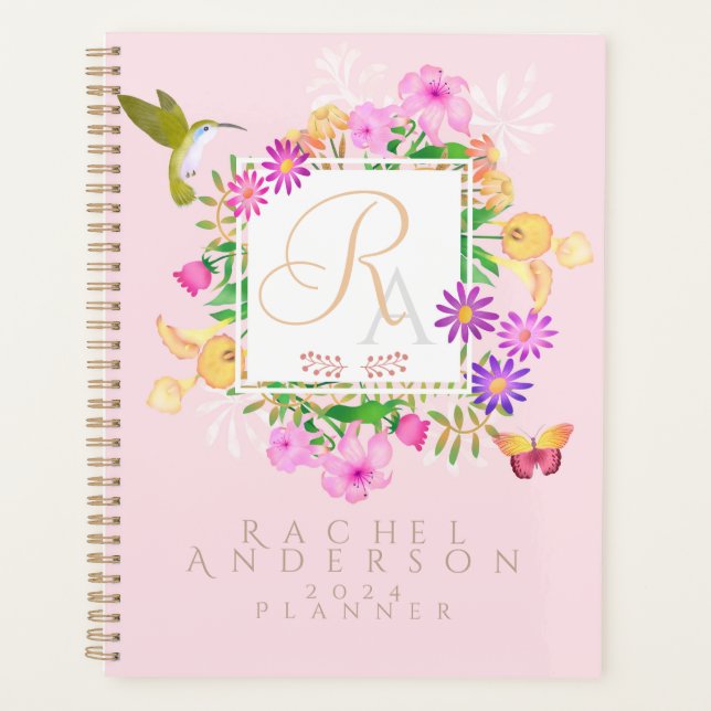 Agenda Planeador do Monograma Rosa Floral (Frente)