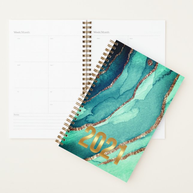 Agenda Planeador Dourado de Azul Teal Personalizado MARBL (Exibição)