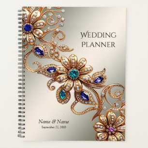 Agenda Planeador Elegante de Flores de Joias Douradas