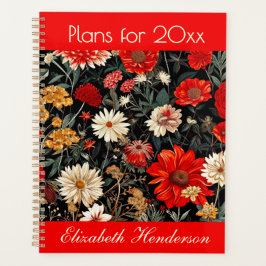Agenda Planeador Grande Floral Vermelho e Escuro Creme